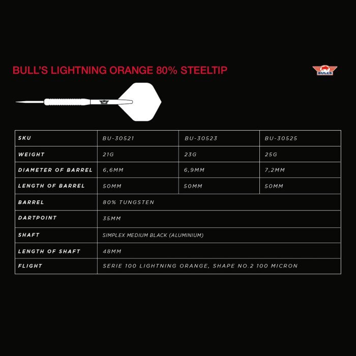 Bull's Lightning Orange 80% tungsten 21g darts tikat