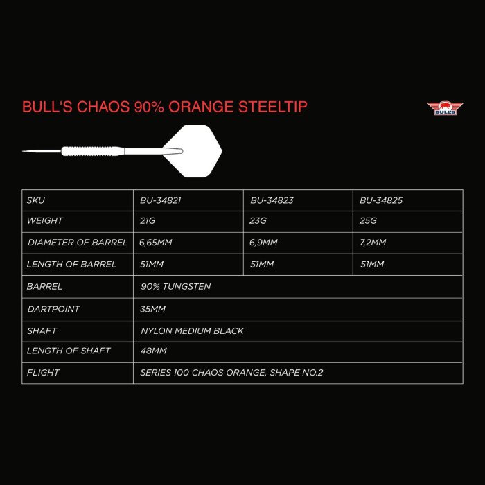 Bull's Chaos Orange 90% tungsten 21g darts